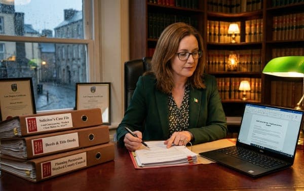 Solicitor reviewing documents at a desk